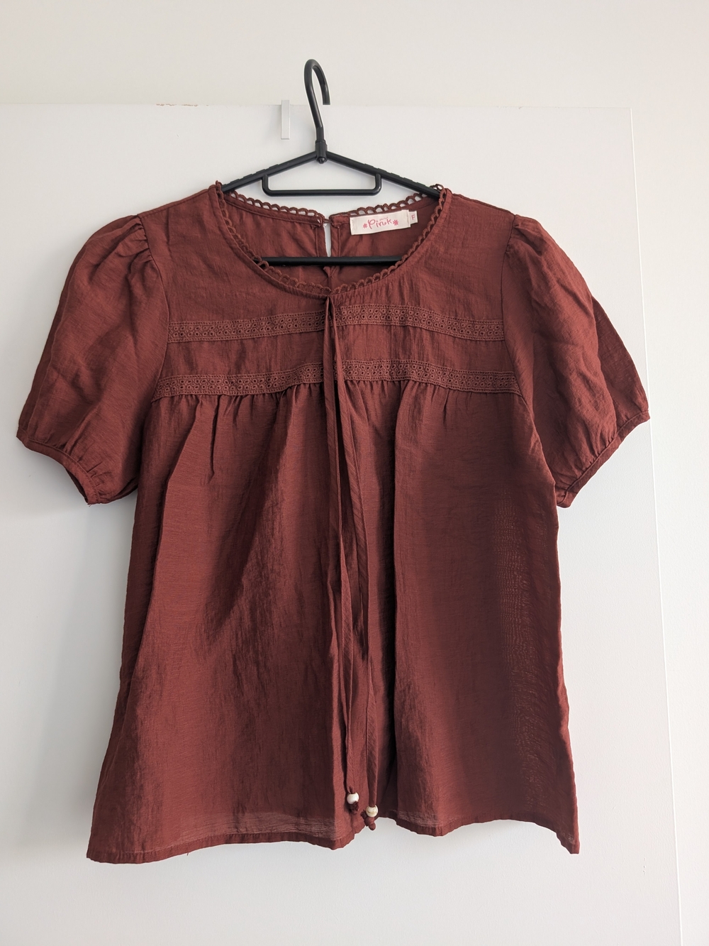 Rust Brown Lace-Yoke Tie Front Blouse